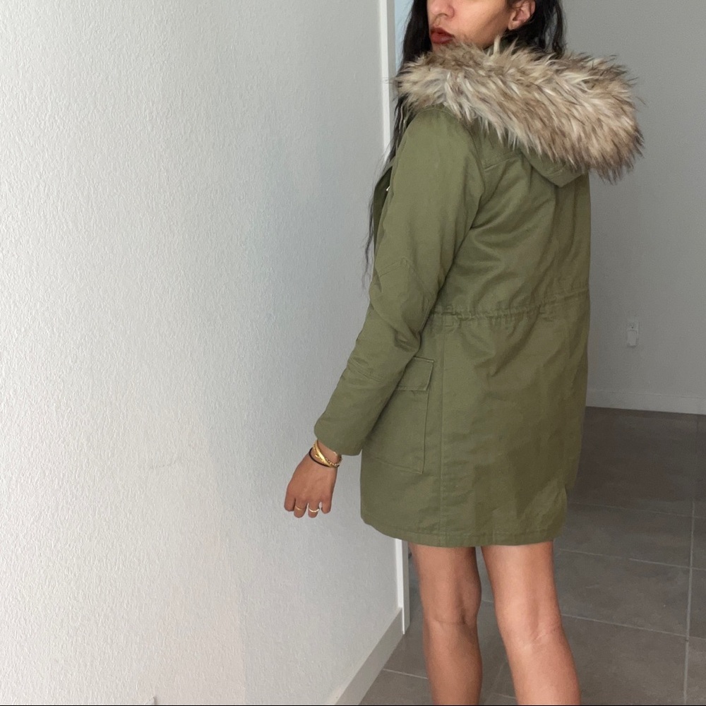 ZARA | Olive Green Coat with Faux Fur Hood